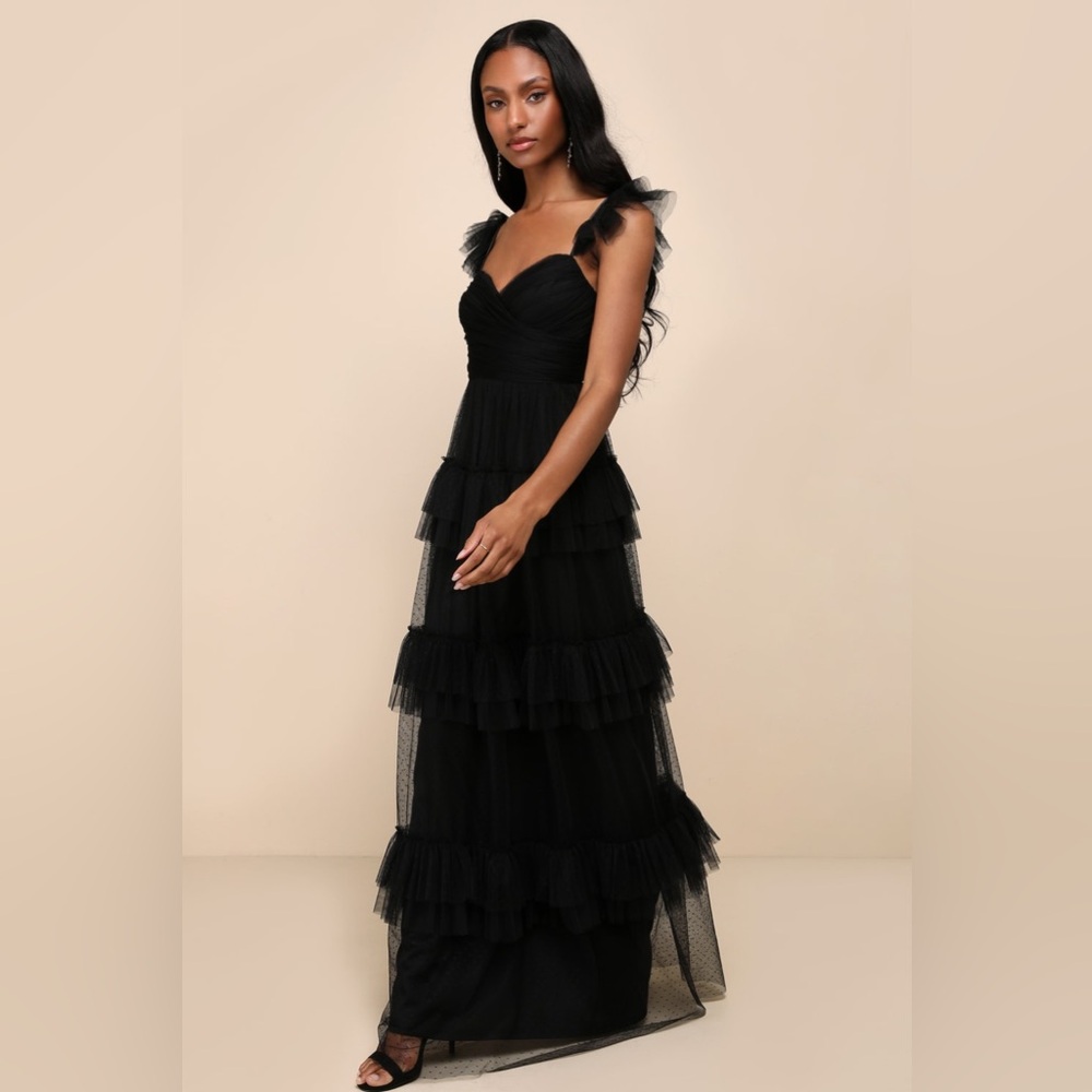 Lulu's Pure Radiance Black Mesh Swiss Dot Tiered Maxi Dress - Picture 3 of 8